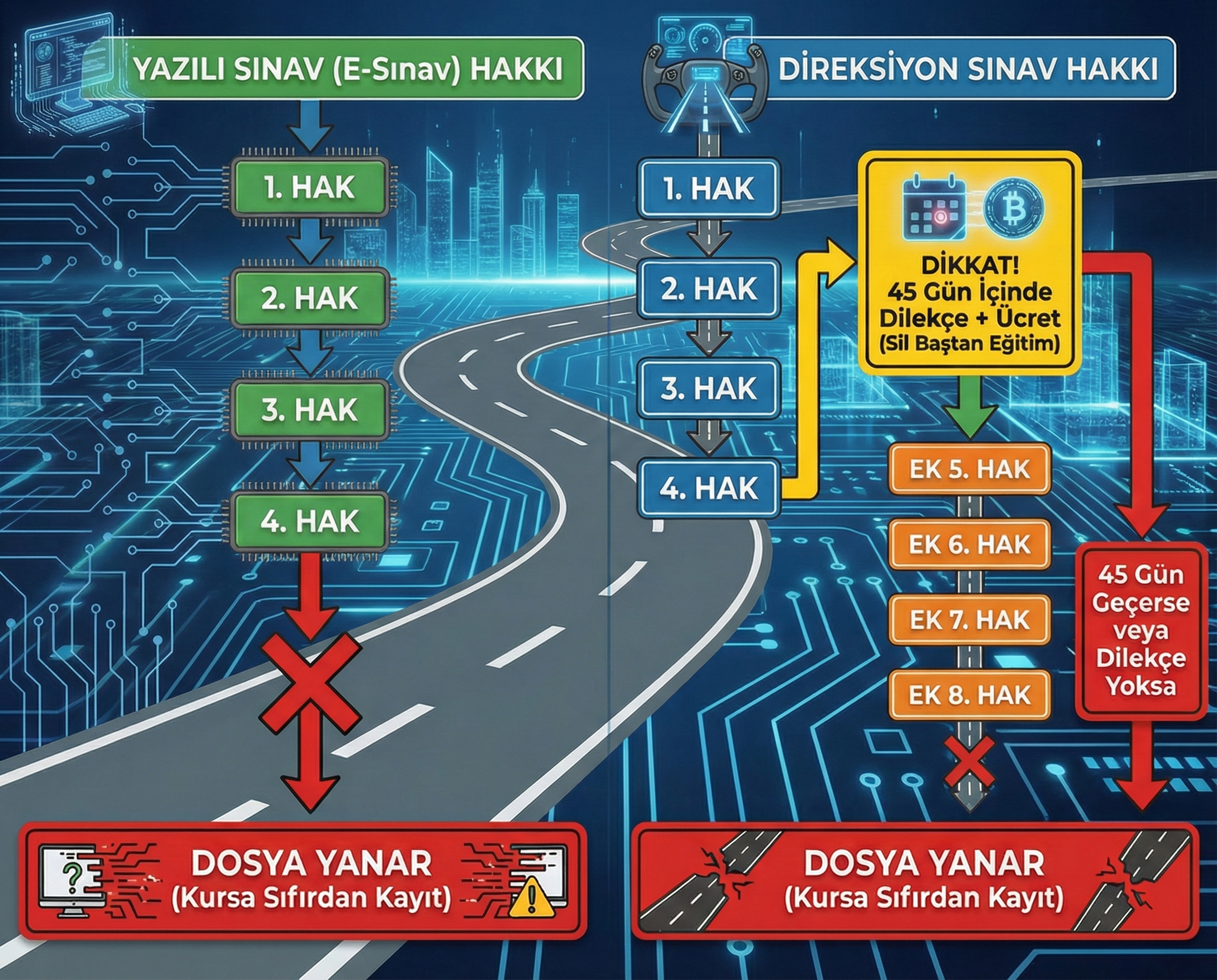 Direksiyon sınavı kaç hak var? Ehliyet direksiyon sınav hakkı 4+4 kuralı infografiği