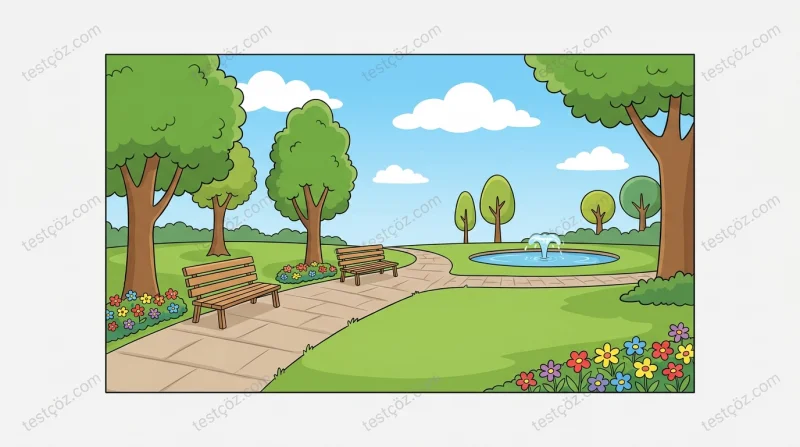 Park sahnesi - yeşil çimenler, ağaçlar, banklar, çiçekler