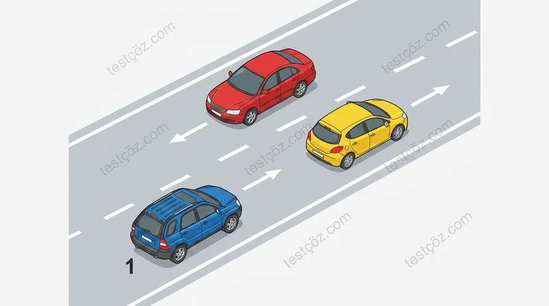 Öndeki aracı geçmek isteyen 1 numaralı araç sürücüsü davranışı — yol sahnesi