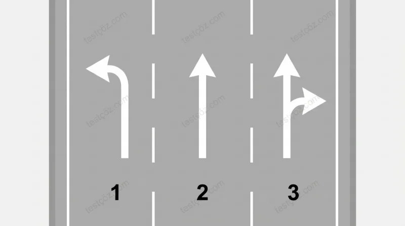 3 şeritli yol — 1 sola, 2 ileri, 3 sağa dönüş şerit yön işaretlemesi diyagramı