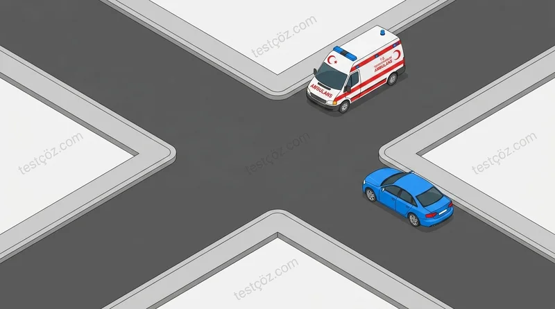 Görev hâlindeki ambulans karşılaşması ve geçiş önceliği — yol sahnesi diyagramı
