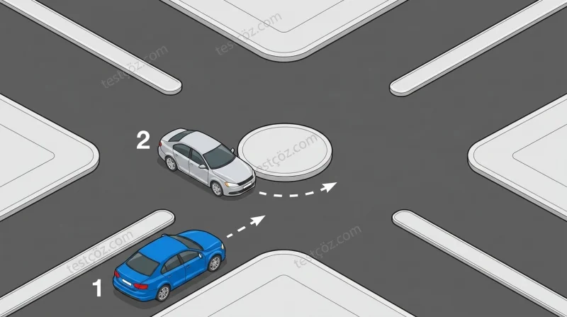 Dönel kavşağa gelen 1 numaralı aracın yapması gereken davranış — yol sahnesi
