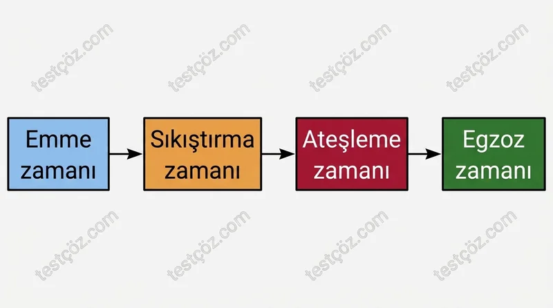 Dört zamanlı dizel motor zamanlar diyagramı — emme, sıkıştırma, yanma, egzoz
