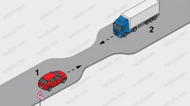 Eğimsiz iki yönlü dar yolda araç karşılaşması — 2 numaralı aracın davranışı yol sahnesi