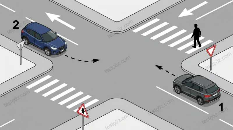 İki araç sola dönüş yol sahnesi diyagramı — 2 numaralı aracın yapması gerekenler