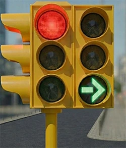 Işıklı trafik işaret cihazı — kırmızı ve yeşil oklu ışık birlikte yanıyor, sürücü davranışı
