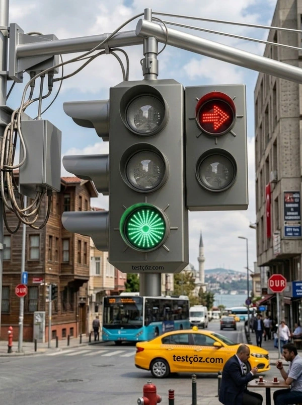 Işıklı trafik işaret cihazı — yeşil ve kırmızı oklu ışık birlikte yanlış davranış (varyant 3)