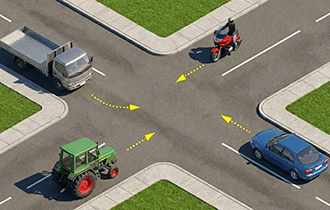 Kavşakta araç karşılaşması — geçiş hakkı yol sahnesi (varyant 2)