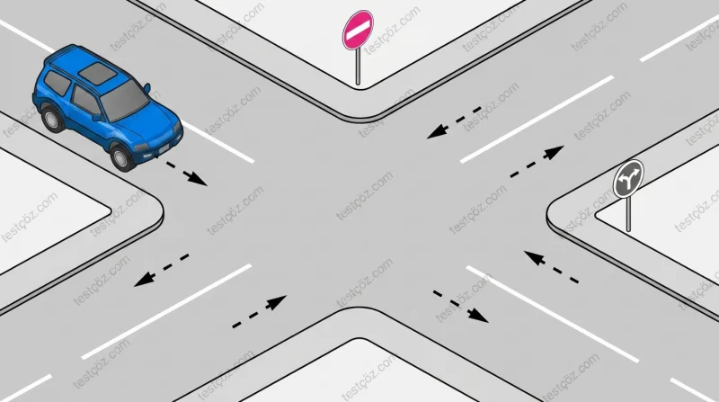Kavşakta araç sürücüsünün sağa/sola dönüş veya ileri gitme seçenekleri yol sahnesi diyagramı