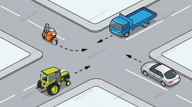 Kontrolsüz kavşakta ilk geçiş hakkı — yol sahnesi diyagramı (varyant)