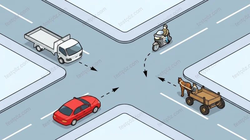 Kontrolsüz kavşakta ilk geçiş hakkı kullanan araç — yol sahnesi (varyant 5)