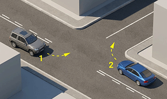Kontrolsüz kavşakta ilk geçiş hakkı kullanan araç — yol sahnesi (varyant 8)
