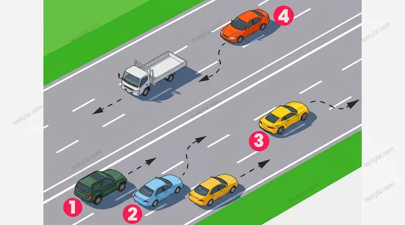 Öndeki aracı geçme kuralına aykırı davranan numaralı araç sürücüsü — yol sahnesi