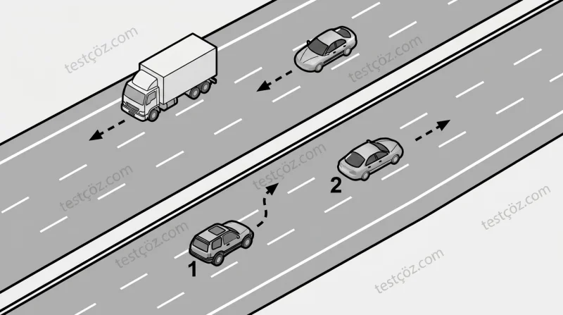 Şerit değiştiren 1 numaralı taşıt — sola sinyal öncesi yapılması gereken — yol sahnesi