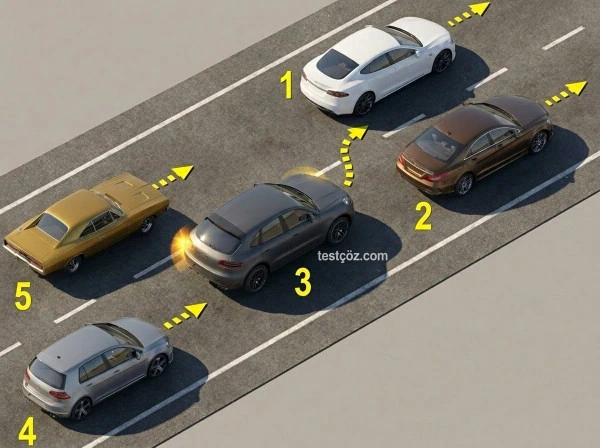 Takip mesafesi saniye sayma kuralı — araç yol sahnesi diyagramı