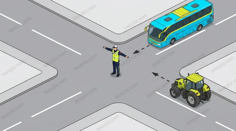 Trafik görevlisinin işaretine göre araç davranışı — yol sahnesi diyagramı