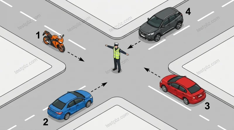 Trafik polisinin verdiği işarete göre numaralandırılmış araçların geçişi yol sahnesi