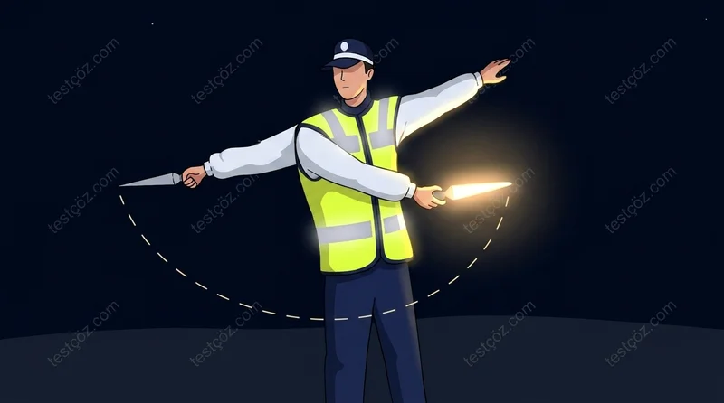 Trafik polisi — geceleyin ışıklı işaret çubuğu hareket pozu (varyant)