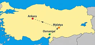 Türkiye haritası — Osmaniye/Malatya/Ankara araç yönü soru görseli