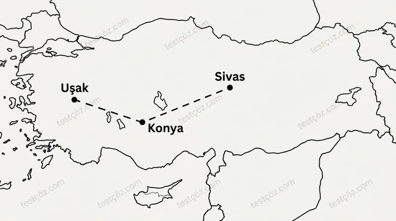 Türkiye haritası üzerinde yön bulma — Sivas-Konya-Uşak araç yolculuğu
