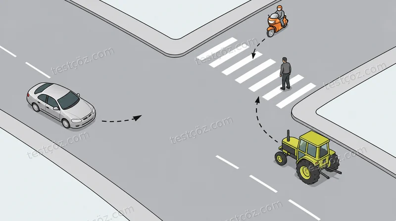 Yaya geçidinde yaya, motosiklet, traktör ve dönen otomobil — ilk geçiş hakkı yol sahnesi