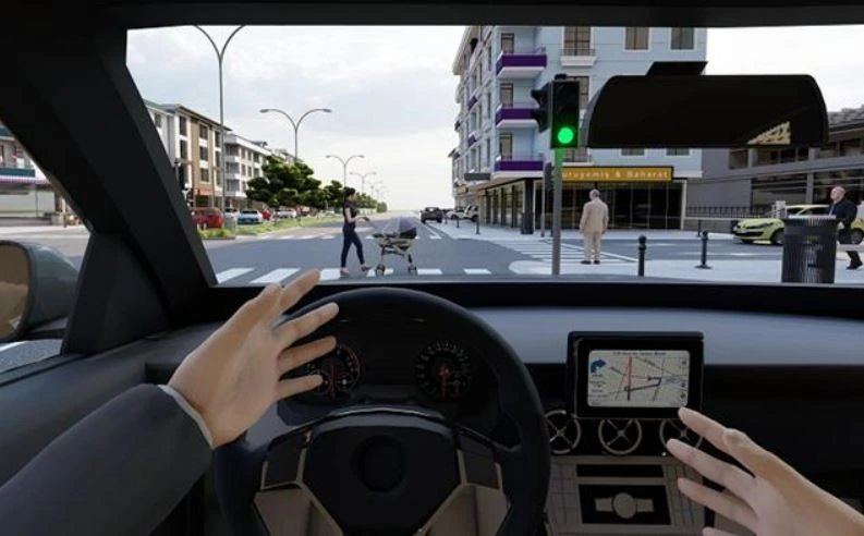 Yayaya karşıya geçişi için uyarıda bulunan sürücü — araç içinden yol sahnesi
