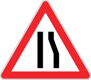 Yol daralma iki yönden trafik işareti — kırmızı çerçeveli üçgen içinde daralma sembolü